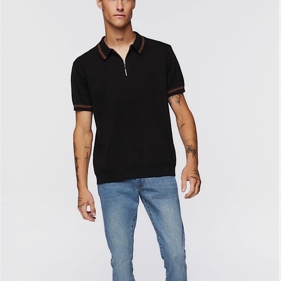 MENS HALF ZIP POLO BLACK AND BROWN SHIRT - Picture 1 of 6